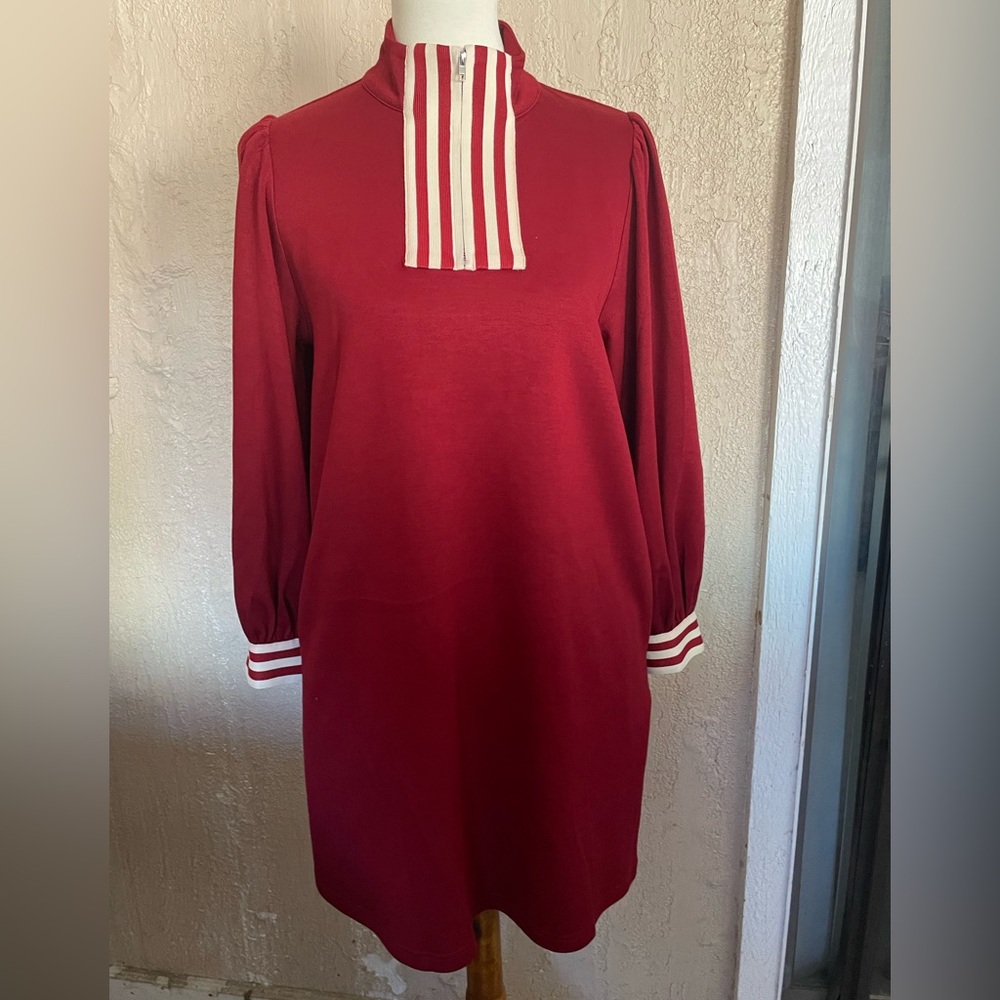 JODIFL Burgundy Dress with Cream Stripe Details